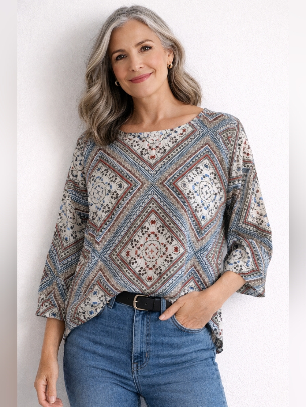 J.Jill Tunic XLP White Red Blue Patterned, Women's - Picture 2 of 9